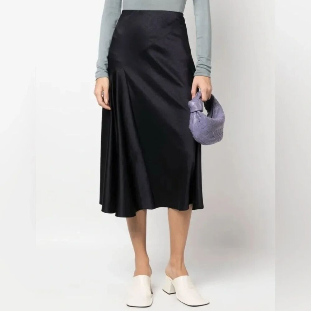 Theory Women Size 10 Black Asymmetrical Drape Crushed Satin Midi Skirt Minimal